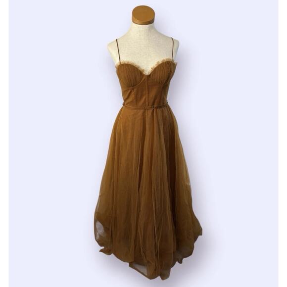 NWT Selfie Leslie Maxi Dress Tulle Brown Sweetheart Neckline Corset Bodice Small - Picture 1 of 10